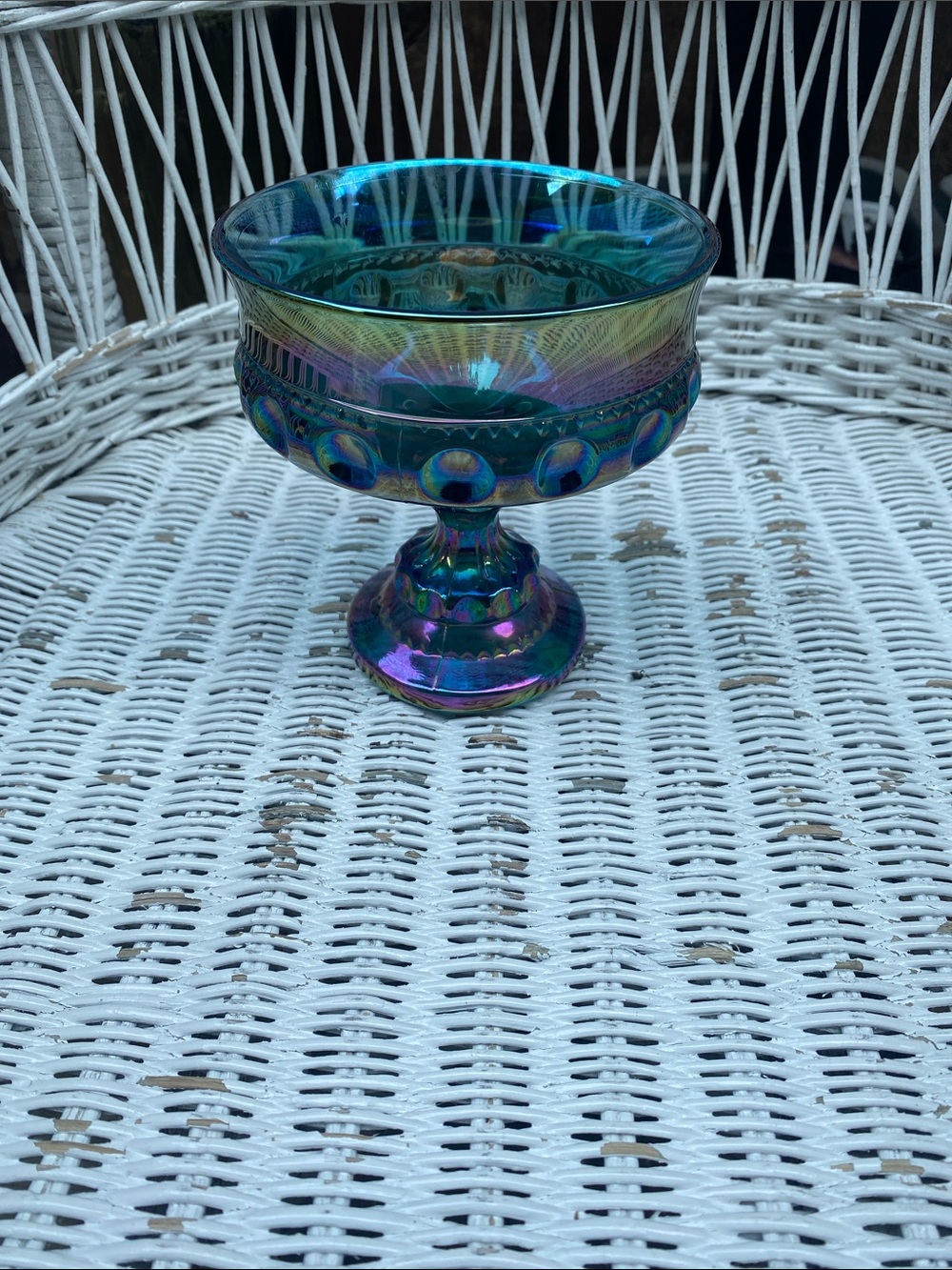 Vintage blue carnival glass compote dish - Called Kings Crown